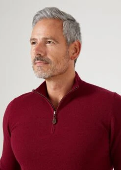 Sutherland Lambswool 1/4 Zip Jumper In Bordeaux - Regular Fit -Alan Paine Fashion Store lambswool quarter zip jumper bordeaux 5