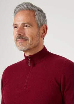 Sutherland Lambswool 1/4 Zip Jumper In Bordeaux - Regular Fit -Alan Paine Fashion Store lambswool quarter zip jumper bordeaux 6