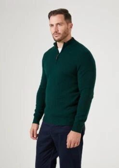 Sutherland Lambswool 1/4 Zip Jumper In Tartan Green - Regular Fit -Alan Paine Fashion Store mens lambswool half zip jumper tartan green 2