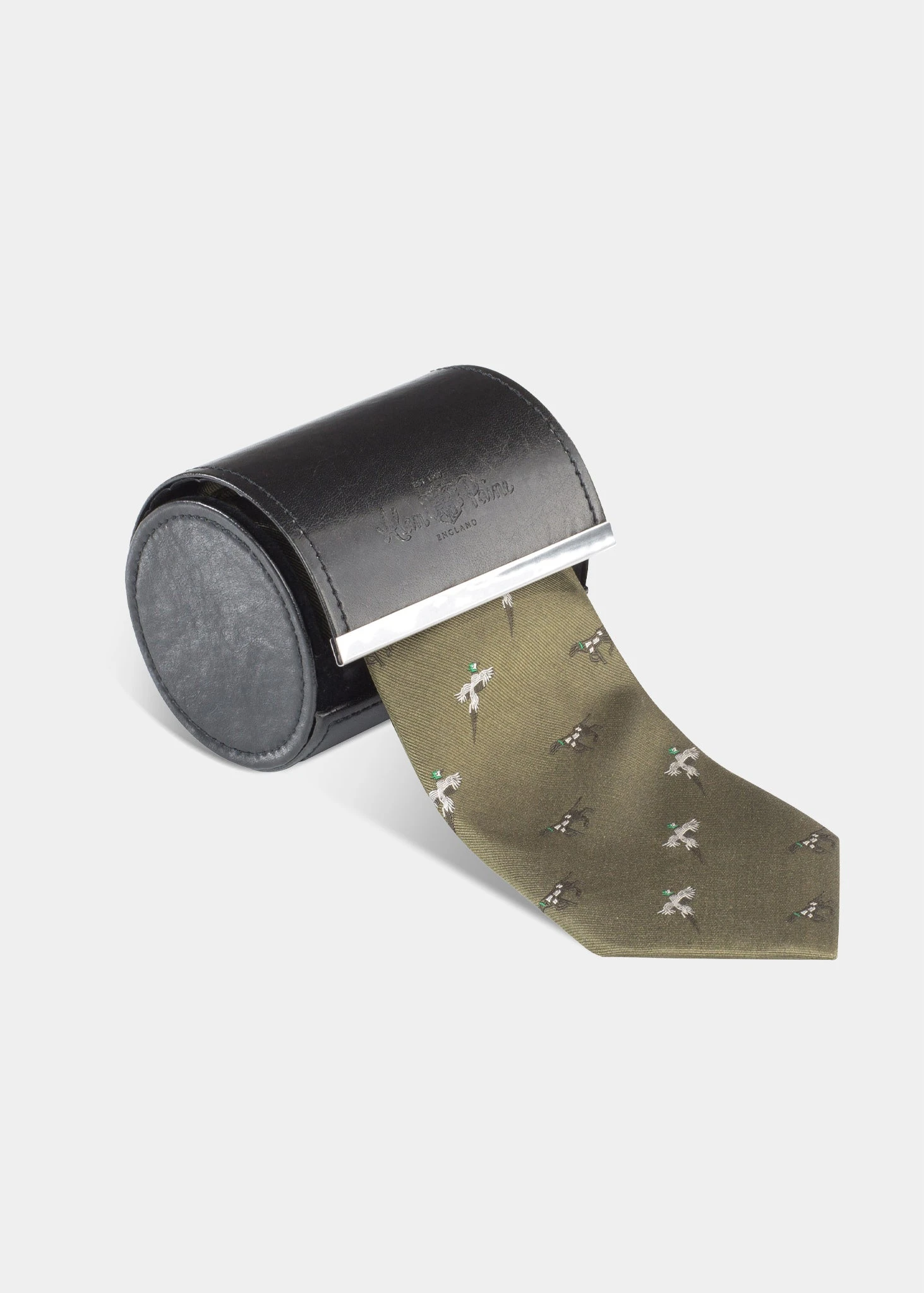 Ripon Silk Country Tie In Olive - Bird & Dog Design 1 Ripon Silk Country Tie In Olive - Bird & Dog Design