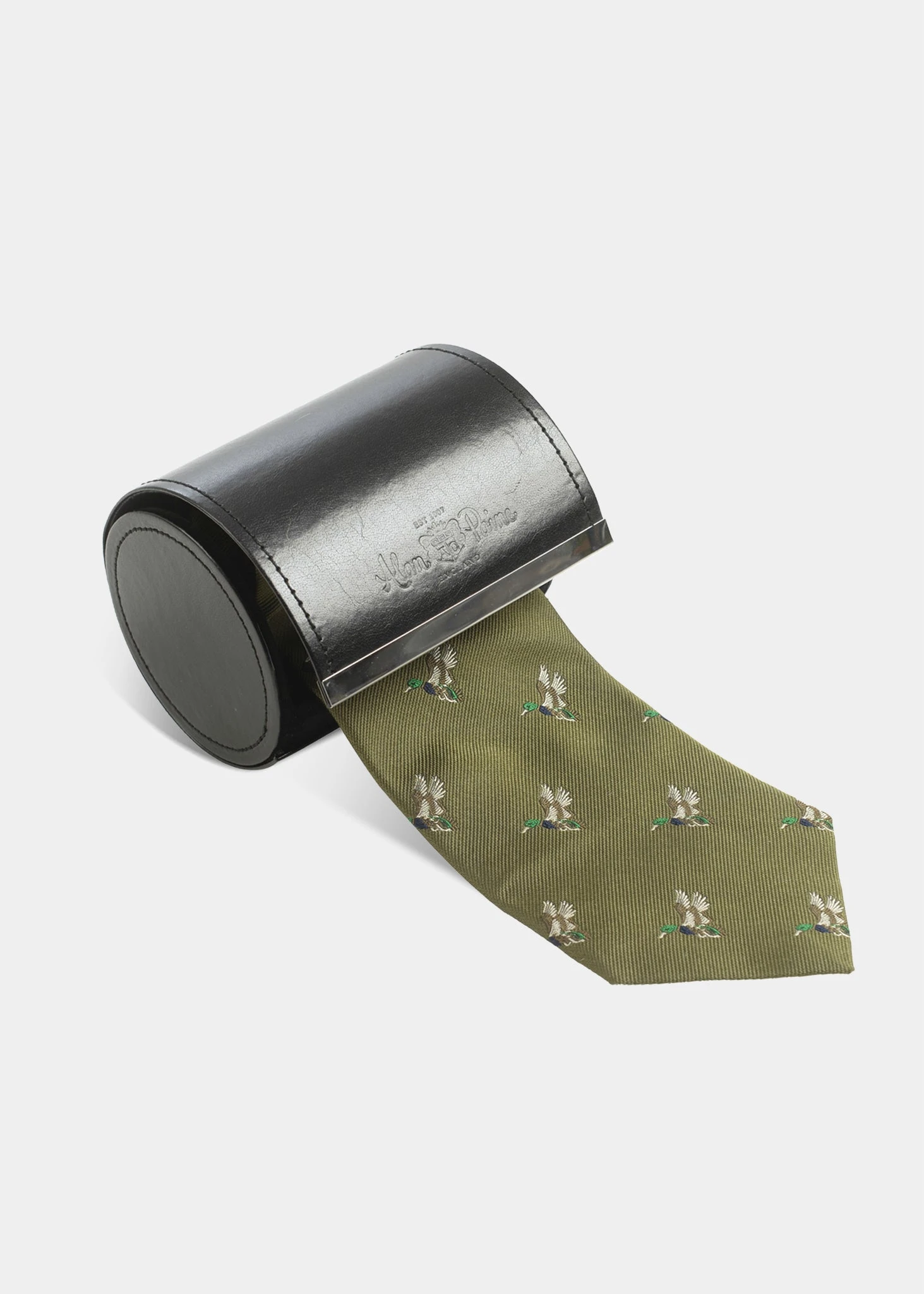 Ripon Silk Country Tie In Olive - Duck Design 1 Ripon Silk Country Tie In Olive - Duck Design