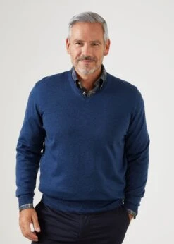 Millbreck Men's Merino Wool Jumper In Indigo - Regular Fit 9 Millbreck Men's Merino Wool Jumper In Indigo - Regular Fit -Alan Paine Fashion Store merino wool vee neck jumper indigo 2