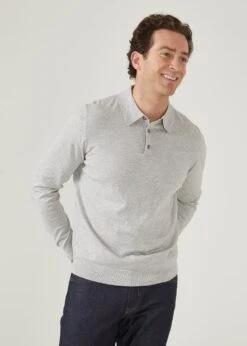 Pentlow Luxury Cotton Long Sleeve Polo Shirt In Dove 8 Pentlow Luxury Cotton Long Sleeve Polo Shirt In Dove -Alan Paine Fashion Store pentlow 3 button long sleeve polo shirt dove 3