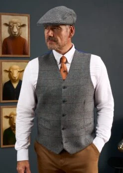 Surrey Men's Tweed Lined Country Waistcoat In Blue Check - Regular Fit -Alan Paine Fashion Store studio lifestyle batch 14 0018 alan paine 3322 model 0446